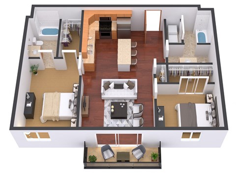 a 3d floor plan of a house with a bedroom and a living room